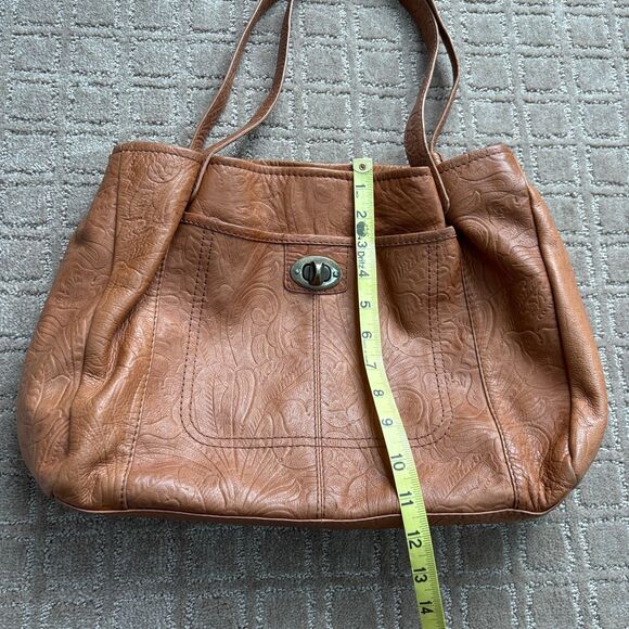 American Leather Tooled Leather Wylie Satchel Shoulder Bag Tan Brown Ornate EUC - Picture 10 of 13